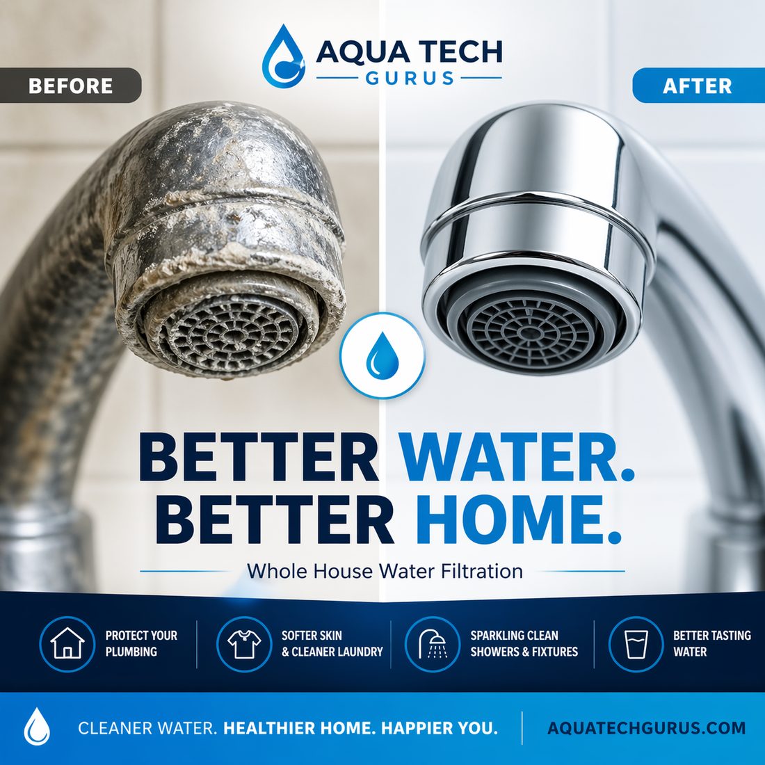 Before and after comparison of a faucet fixture with and without whole house water filtration