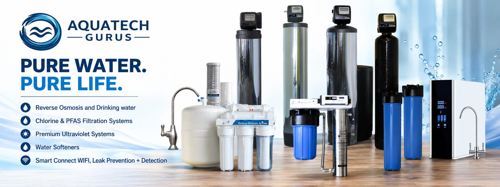 Aqua Tech Gurus product lineup: reverse osmosis system, water softeners and UV sterilizer
