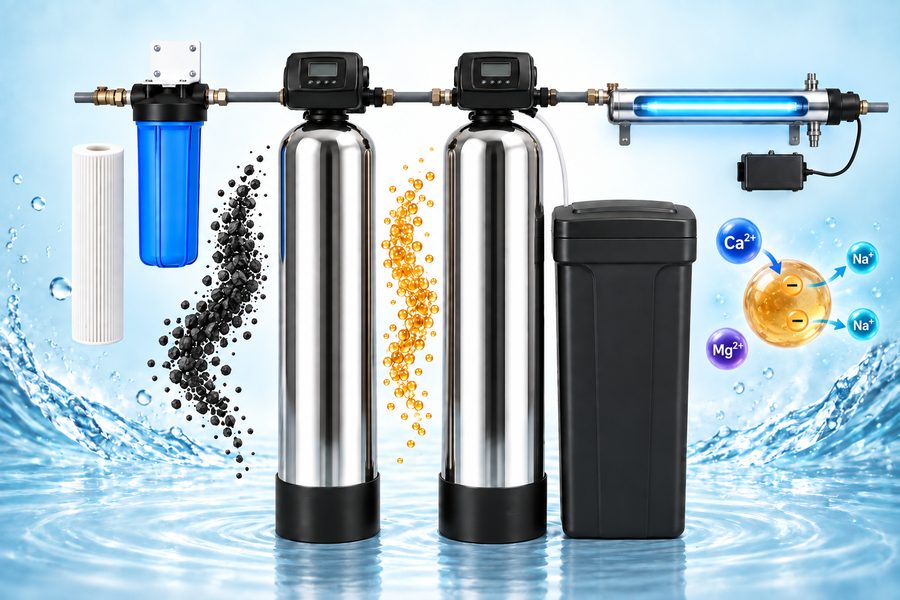 Complete whole-home water filtration package with prefilter, UV, carbon and softener