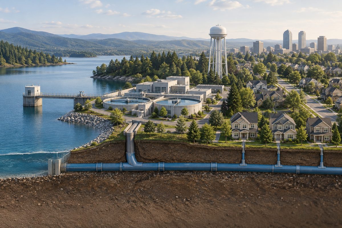 Municipal water treatment plant and reservoir supplying a city and its suburbs