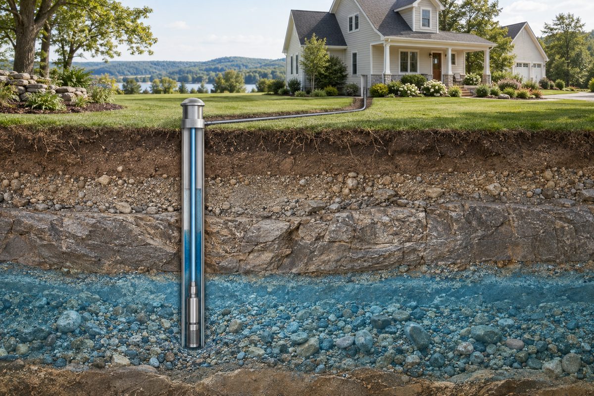 Cross-section of a private residential well drawing groundwater near a home