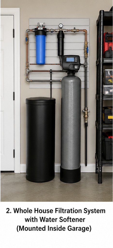 Whole house water filtration system with water softener mounted in a garage