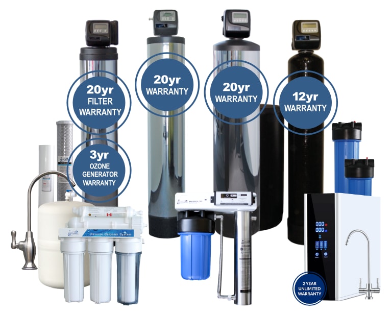Lineup of Excalibur water softener, filtration and reverse osmosis systems with warranty badges